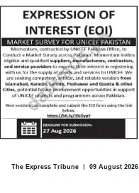 Newspaper clipping: UNICEF Pakistan Market Survey — Expression of Interest (EOI) for Suppliers & Service Providers, The Express Tribune, 09 Aug 2026