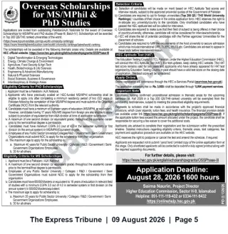 Newspaper clipping: HEC Overseas Scholarships 2026 for MS/MPhil & PhD (Apply by 2026-08-28), The Express Tribune, 09 Aug 2026