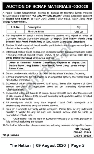 Newspaper clipping: Auction: MS Iron Scrap at Wapda Grid Station, Fateh Jang — Bid by 2026-09-03, The Nation, 09 Aug 2026