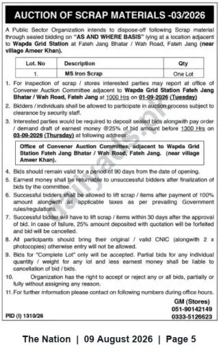 Newspaper clipping: Auction of MS Iron Scrap at Wapda Grid Station Fateh Jang — Bid by 2026-09-03, The Nation, 09 Aug 2026
