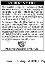 Newspaper clipping: Public Notice: Bilal Ashraf No Longer Authorized to Represent Phoenix Armour (w.e.f. 2026-08-06), Dawn, 10 Aug 2026