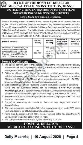 Newspaper clipping: EOI: Outsourcing MRI Diagnostic Services (1.5T+) – Medical Teaching Institution Bannu, Daily Mashriq, 10 Aug 2026
