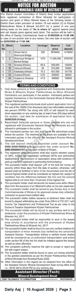 Newspaper clipping: Auction Notice — Minor Minerals Leases, District Swat (Auction 01 Sep 2026), Daily Aaj, 10 Aug 2026