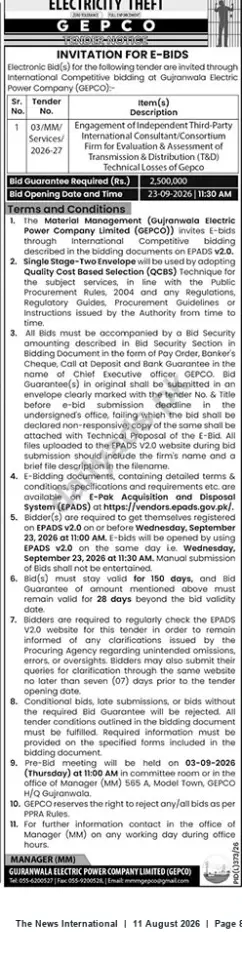 Newspaper clipping: GEPCO Tender 03/MM/Services/2026-27 – International Consultant for T&D Technical Losses Assessment, The News International, 11 Aug 2026
