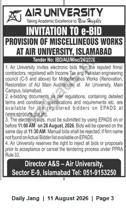 Newspaper clipping: Air University e-Bid: Renovation & Restoration of AU Main Auditorium (Tender IBD/AU/Misc/24/2026), Jang, 11 Aug 2026