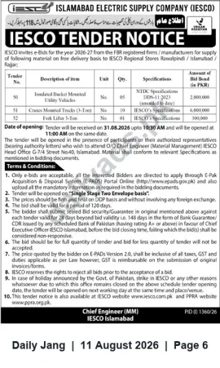 Newspaper clipping: IESCO Tender Notice – Supply of Insulated Bucket Vehicles, Crane-Mounted Trucks & 5-Ton Forklifter (e-Bids), Jang, 11 Aug 2026
