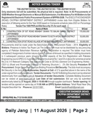 Newspaper clipping: Tender: Construction of Roads in District Jaffarabad — CW, PP&H Dept (Closing 2026-08-27), Jang, 11 Aug 2026