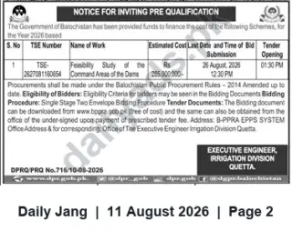 Newspaper clipping: Pre-Qualification Notice: Feasibility Study of Command Areas of the Dams — Tender 2627081160654, Jang, 11 Aug 2026