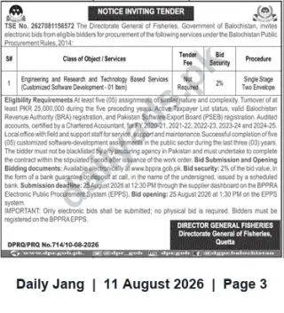 Newspaper clipping: DG Fisheries Balochistan Tender for Customized Software Development (TSE No. 2627081156572), Jang, 11 Aug 2026