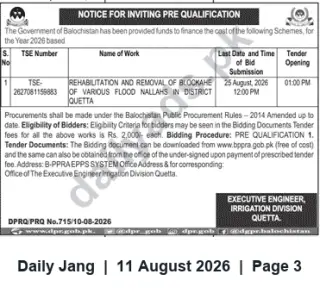 Newspaper clipping: Pre-Qualification Notice: Rehabilitation & Removal of Blockages of Flood Nallahs in Quetta (Balochistan), Jang, 11 Aug 2026