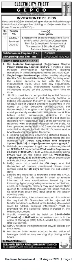 Newspaper clipping: GEPCO International E-Bid: Independent Third-Party Consultant for T&D Technical Loss Assessment (Tender 03/MM/Services/2026-27), The News International, 11 Aug 2026