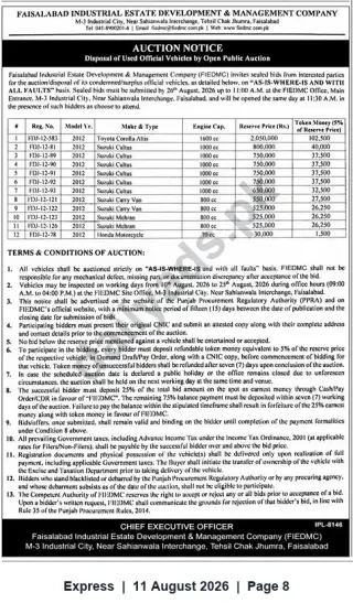 Newspaper clipping: FIEDMC Public Auction — Used Official Vehicles (Faisalabad), Express, 11 Aug 2026