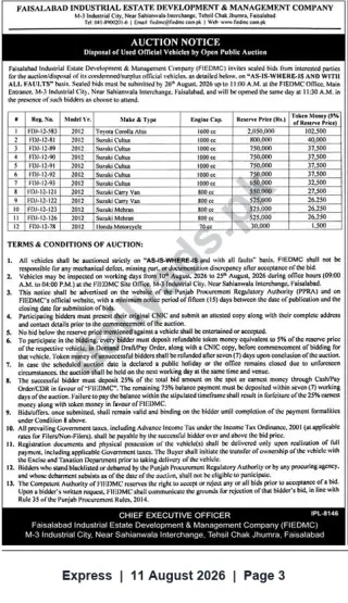 Newspaper clipping: FIEDMC Open Public Auction of Used Official Vehicles — 26 August 2016, Express, 11 Aug 2026