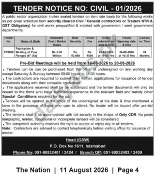 Newspaper clipping: Tender: Fabrication & Welding of Pipe Flanges — CIV-01/2026 (Islamabad), The Nation, 11 Aug 2026