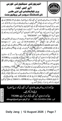 Newspaper clipping: Airports Security Force (ASF) — Pre-Qualification for Consulting Services (EPADS Registration), Jang, 12 Aug 2026
