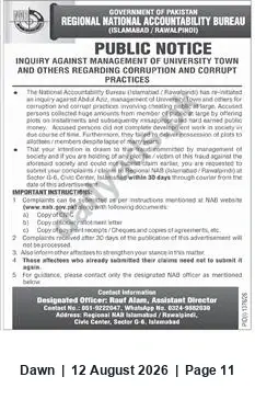 Newspaper clipping: NAB Islamabad/Rawalpindi Public Notice: Inquiry Against University Town Management (Abdul Aziz) — Victim Claims Invited, Dawn, 12 Aug 2026