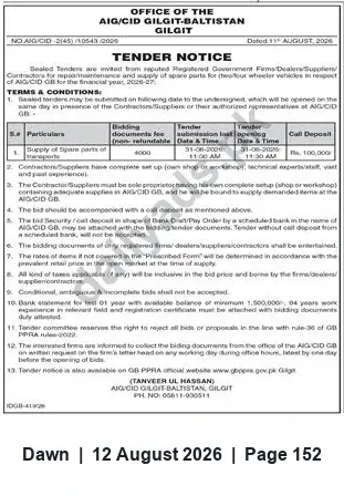 Newspaper clipping: Tender: Repair, Maintenance and Supply of Spare Parts for Four-Wheeler Vehicles — AIG/CID Gilgit-Baltistan, Dawn, 12 Aug 2026