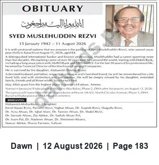 Newspaper clipping: Obituary: Syed Muslehuddin Rezvi (15 January 1942 – 11 August 2026), Dawn, 12 Aug 2026