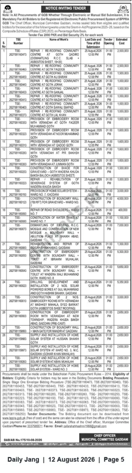 Newspaper clipping: Municipal Committee Gaddani — Notice Inviting Tenders for Multiple Repair, Construction and Embroidery Works, Jang, 12 Aug 2026