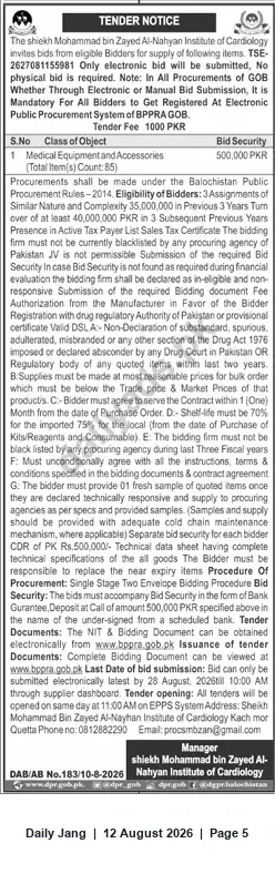 Newspaper clipping: Tender for Medical Equipment & Accessories — Sheikh Mohammad bin Zayed Al-Nahyan Institute of Cardiology, Quetta, Jang, 12 Aug 2026