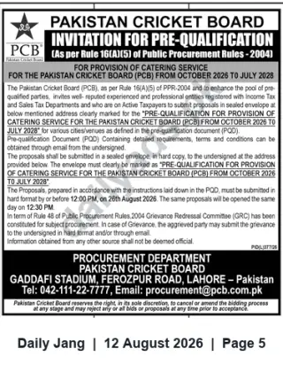 Newspaper clipping: PCB Invitation for Pre-Qualification — Catering Services (Oct 2026 to Jul 2028), Jang, 12 Aug 2026