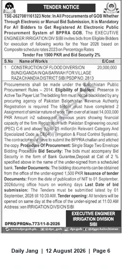 Newspaper clipping: Tender: Construction of Flood Diversion Bund at Qaisarwah (Razachandia), Sibi — PKR 20,000,000, Jang, 12 Aug 2026