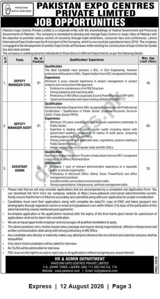 Newspaper clipping: Pakistan Expo Centres Pvt Ltd — Vacancy Notice for Deputy Manager (Civil), Deputy Manager (Audit) and Assistant Admin, Express, 12 Aug 2026
