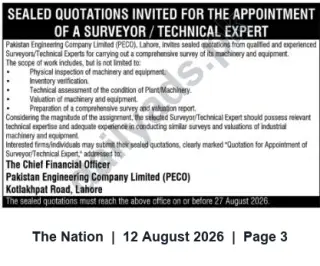 Newspaper clipping: PECO Lahore Invites Sealed Quotations for Surveyor / Technical Expert for Machinery Survey & Valuation, The Nation, 12 Aug 2026