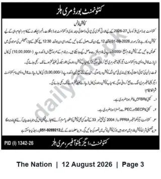 Newspaper clipping: Tender Notice — Cantonment Board Murree: Contracts for Development Works (FY 2026-27), The Nation, 12 Aug 2026