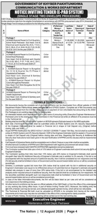 Newspaper clipping: C&W Dept Peshawar - Notice Inviting Tender for Special Repair Works (Packages 1-4), The Nation, 12 Aug 2026