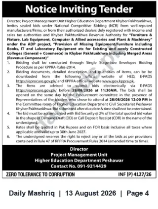 Newspaper clipping: Tender: Supply of Furniture, Lab, IT Equipment & Plant for Colleges in Khyber Pakhtunkhwa (Bid Deadline 2026-08-28), Daily Mashriq, 13 Aug 2026