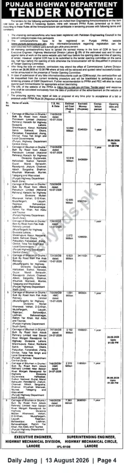 Newspaper clipping: Punjab Highway Department Tender: Carriage of Bitumen (Multiple Lots) – Bids Due 2026-08-26, Jang, 13 Aug 2026
