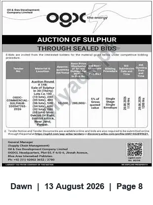 Newspaper clipping: OGDCL Auction Round #148 — Sale of Sulphur (30 Lots) from Dakhni Oil Field, Dawn, 13 Aug 2026