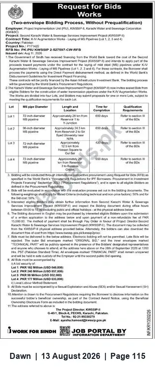 Newspaper clipping: Request for Bids — K-IV Augmentation: Laying of MS Pipelines (Package Pak-1), KWWSSP-II, Karachi, Dawn, 13 Aug 2026