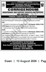 Newspaper clipping: NADRA Corrigendum: Tender NADRA-HO-RFB-44/2026 — Maintenance & Support for Servers and Switches, Dawn, 13 Aug 2026