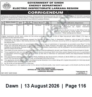 Newspaper clipping: Corrigendum: Appointment Procedure — Electric Inspectorate, Larkana Region (Sindh), Dawn, 13 Aug 2026