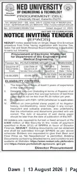 Newspaper clipping: NED University Tender: Procurement of Fangtronic Wheelchair for Bio/Medical Engineering, Dawn, 13 Aug 2026