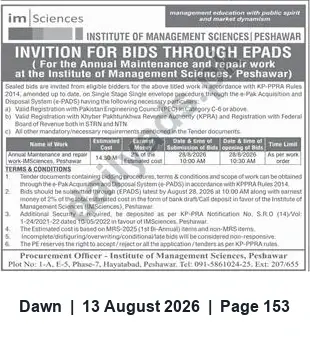 Newspaper clipping: IMSciences Peshawar Invitation for Bids — Annual Maintenance & Repair (e-PADS), Dawn, 13 Aug 2026