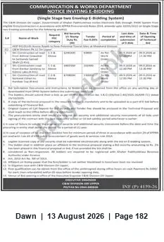 Newspaper clipping: Communication & Works Department — Notice Inviting E-Bidding, Dawn, 13 Aug 2026