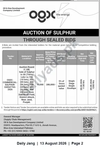 Newspaper clipping: OGDCL Auction of Sulphur (Auction Round #148) — Sealed Bids, Jang, 13 Aug 2026