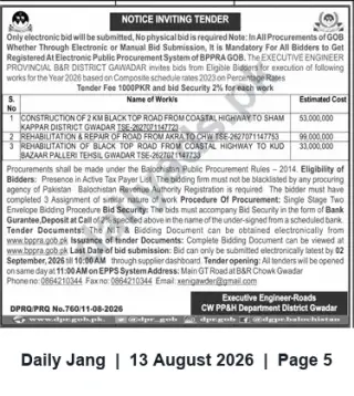 Newspaper clipping: Tender: Road Construction & Rehabilitation Works in Gwadar — Executive Engineer B&R, Jang, 13 Aug 2026