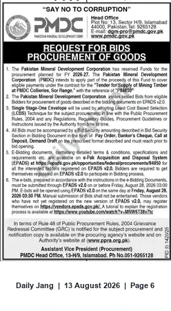 Newspaper clipping: PMDC Tender — Supply of Mining Timber at PMDC Collieries (Ref P84850), Jang, 13 Aug 2026