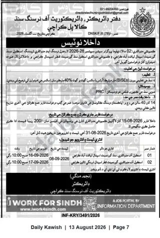 Newspaper clipping: Admission Notice — Community Midwifery Program (Session 2026–28) | Directorate of Nursing, Sindh (Karachi), Daily Kawish, 13 Aug 2026