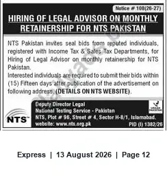 Newspaper clipping: NTS Pakistan Hiring Legal Advisor on Monthly Retainership — Submit Sealed Bids, Express, 13 Aug 2026