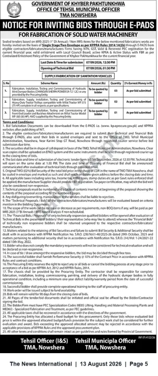 Newspaper clipping: TMA Nowshera e-PADS Tender — Fabrication of Sanitation Vehicles & Solid Waste Machinery, The News International, 13 Aug 2026