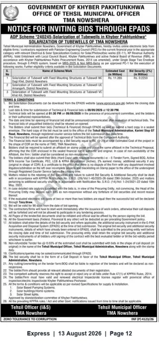 Newspaper clipping: TMA Nowshera Tender: Solarization of Tubewells (ADP Scheme 240245) – Bids via ePADS, Express, 13 Aug 2026