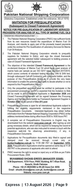 Newspaper clipping: PNSC Invitation for Prequalification of Marine Fuel Oil Laboratory Service Providers, Express, 13 Aug 2026