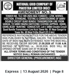 Newspaper clipping: NGC Amendment No.5 — Tender TLC-18R-2026: Extension of Bid Submission for 500 kV Transmission Line (Lot-1), Express, 13 Aug 2026