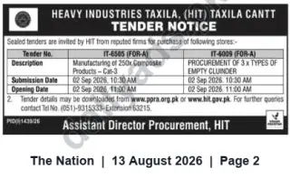 Newspaper clipping: HIT Taxila Tender Notice — Supply & Manufacturing Contracts (Closing 2026-09-02), The Nation, 13 Aug 2026