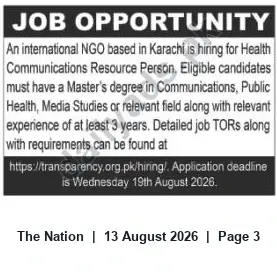 Newspaper clipping: Health Communications Resource Person — International NGO in Karachi (Apply by 2026-08-19), The Nation, 13 Aug 2026